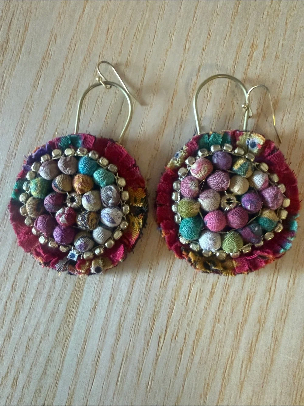 Handcrafted Gold-Tone Teardrop Beaded Earrings  Red material earrings